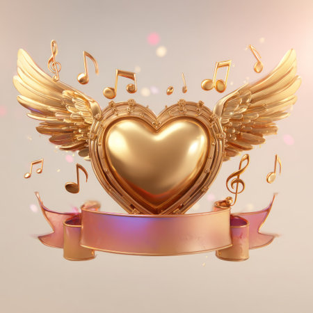 A golden heart, adorned with wings and surrounded by musical notes, is the central element. A banner below provides copy space. The composition displays a blend of gold and pink hues, with soft lighting and a blurred background. The image could be used for various projects related to love, music, or celebrations.の素材