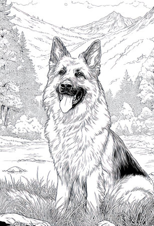 A German Shepherd dog is the main subject, depicted in a detailed black and white illustration. The dog is positioned in a grassy area with a mountain backdrop. Trees and a river further compose the natural landscape. The image may be suitable for editorial illustration or graphic design use.の素材