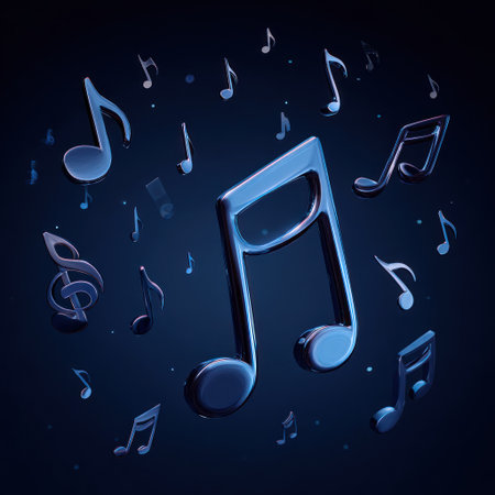 Numerous blue musical notes of various sizes are scattered against a deep blue background. The notes appear three-dimensional, suggesting movement and depth. The composition evokes a sense of rhythm and harmony, possibly suitable for promotional materials or decorative applications. The image suggests a night time setting, utilizing soft lighting.の素材