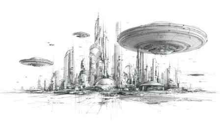 An illustration depicts a cityscape featuring tall, complex structures and unidentified flying objects. The composition utilizes various shades of gray, creating a monochromatic effect. The image suggests a setting that could be associated with science fiction or speculative design. It may be suitable for editorial and design projects, as well as use as a background element.の素材