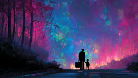 A silhouette of a father and child walk along a path through a surreal forest. The image features vibrant colors, with shades of blue, purple, and pink creating a dreamlike atmosphere. The composition emphasizes the contrast between the dark figures and the bright background, evoking a sense of journey and mystery. Suitable for various creative projects.の素材