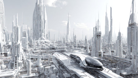 A futuristic cityscape showcases towering, white structures with a sleek transportation system. The composition features a clean, bright aesthetic with an emphasis on geometric shapes and modern design. The image may be used for concepts related to urban planning, technology, or science fiction themes. It has potential for use in commercial projects.の素材
