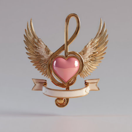 A golden heart shape with angel wings and a ribbon is presented against a neutral background. The composition features a glossy heart in pink hues. It showcases a stylized design with a touch of light, suitable for various promotional and creative usages.の素材