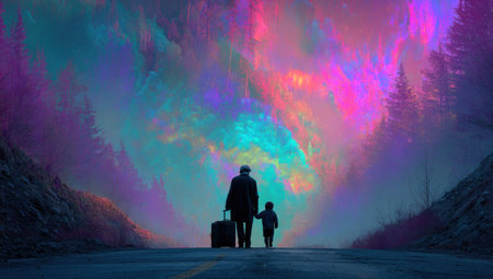 An image shows a father and child walking on a road with luggage, toward a vibrant, surreal landscape of swirling colors. The artwork features a silhouette style, using a palette of blues, purples, and greens. The composition includes trees and a suggestive atmosphere, suitable for various editorial and conceptual applications.の素材