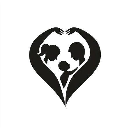 A symbolic representation features a family silhouette embracing a child within a heart shape. The design uses bold black lines on a white backdrop, creating a simple yet striking contrast. This graphic conveys themes of love, care, and unity. Suitable for various design projects and commercial applications.の素材