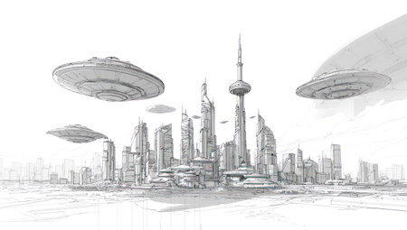 An illustration depicts a detailed cityscape with towering skyscrapers and futuristic designs. Flying saucer-shaped objects hover above the city adding a science fiction element. The monochrome style provides a classic aesthetic with emphasis on light and shadow, suggesting a possible urban setting suitable for commercial projects.の素材