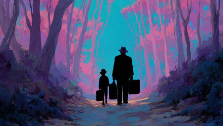 This digital artwork depicts a father and child walking along a path within a forest setting. The image showcases silhouettes against a vibrant, dreamlike backdrop of pinks, blues, and purples. The composition, with its stylized trees and lighting, suggests a sense of journey. Suitable for various editorial and commercial applications.の素材