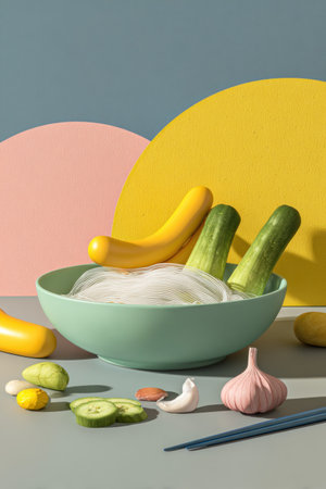 This image showcases a vibrant composition featuring noodles and various vegetables like cucumbers and garlic, arranged in a pastel-colored, minimalist setup. The scene uses bold colors and geometric shapes, suggesting a studio setting. This versatile image could be used for culinary, health, or lifestyle themed projects.の素材