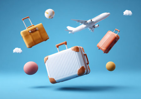 This image features a composition of suitcases, a miniature airplane, and spherical objects against a vibrant blue backdrop. The arrangement suggests travel, with a focus on visual appeal. The style leans towards a modern, commercial aesthetic, suitable for advertising, promotional content, or editorial purposes. The lighting is bright and even, highlighting the objects.の素材