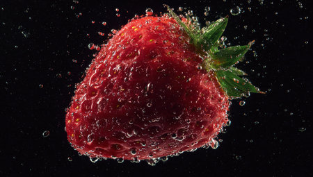 A vibrant red strawberry is showcased with water droplets against a dark backdrop. The macro shot highlights the fruit's texture and the glistening water. The image is likely captured in a studio setting, suitable for commercial projects related to food, health, or fresh produce.の素材
