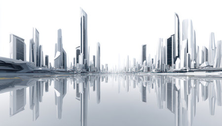 A digitally rendered futuristic cityscape features tall, slender structures mirroring in a reflective surface. The monochrome palette, with subtle variations of gray, gives a clean, modern aesthetic. The composition emphasizes symmetry and open space. Ideal for projects needing a forward-thinking, technological, or architectural theme.の素材