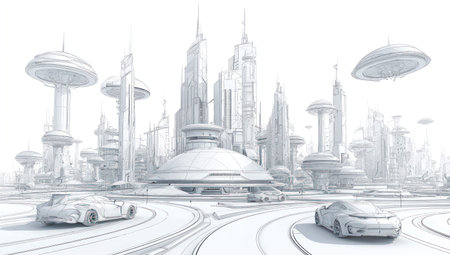 A futuristic city is depicted in a monochromatic style, showcasing streamlined buildings and flying vehicles. The composition features clean lines and a modern architectural design, rendered with bright lighting. Suitable for digital art, it could be used in design projects or visualizations. The scene evokes a sense of technological advancement.の素材