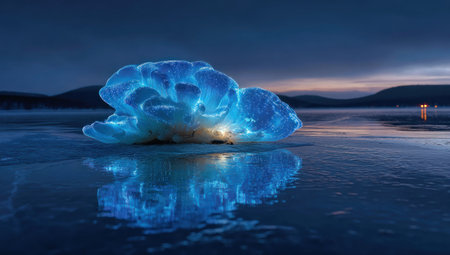 An illuminated blue abstract form sits on a reflective surface. The image showcases a smooth, glossy texture and a color palette of blues and hints of orange. The composition uses symmetrical reflection and natural lighting from an unseen light source. Suitable for illustrating concepts, design, and artistic applications.の素材