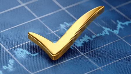 A close-up captures a golden checkmark icon, positioned over a detailed financial chart. The composition highlights a sharp focus on the metallic object, its reflective surface creating highlights against a backdrop of data. The image suggests financial success or approval, applicable for various commercial and editorial uses.の素材