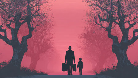 An artistic depiction of a father and child walking between trees, silhouetted against a red sky. The composition emphasizes a sense of mystery and journey. The monochromatic color palette and silhouette style create a contemplative mood, suggesting themes of family and guidance. Suitable for use in conceptual projects.の素材