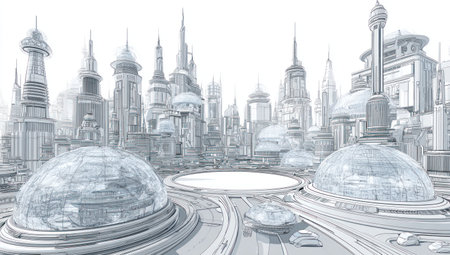 An illustration presents a futuristic cityscape dominated by abstract architecture and geodesic domes. The image uses a monochromatic palette, primarily shades of white and gray, enhancing its digital style. The composition suggests an urban environment, possibly a fictional metropolis. Suitable for commercial projects or editorial use related to technology.の素材