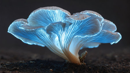 A close-up captures a bioluminescent mushroom, its cap and gills radiating a soft, blue glow. The intricate textures of the fungus are highlighted against a dark backdrop. The composition suggests an indoor environment. This image is suitable for scientific illustrations, educational materials, and conceptual designs.の素材