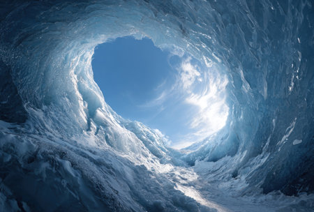 An ice cave frames a view of the sky, presenting a dramatic perspective. The image showcases shades of blue and white, with textures created by the frozen water. This composition uses overhead lighting to emphasize the cave's structure. Suitable for illustrating concepts of nature and environment.の素材