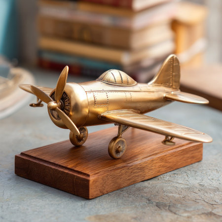 A detailed close-up presents a golden airplane model displayed on a wooden base. The shiny aircraft features propellers and wings, contrasted by the wood's warm tones. The composition uses soft lighting with focus on the object, suggesting potential use in various design projects or decorative applications.の素材