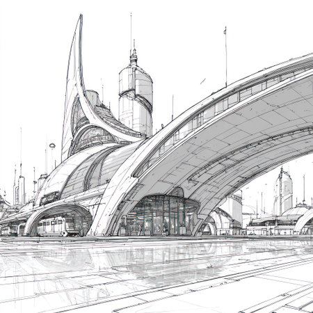 An illustration depicts a modern architectural concept showcasing a complex structure. The monochromatic artwork features detailed line work, highlighting curves and geometric shapes. The perspective suggests an outdoor setting with sunlight and shadows. Suitable for use in design projects or editorial publications.の素材