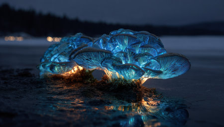 An unusual view of bioluminescent fungi shines with blue and yellow hues against a dark background. The scene showcases a close-up perspective of the illuminated mushrooms set against a blurred water surface. This image could be used for scientific, educational, and creative content.の素材