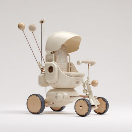 An unusual, cream-colored vehicle with a protective canopy is presented against a neutral backdrop. The design incorporates spherical elements and a tricycle-like wheel configuration. The image showcases a smooth texture with soft lighting, suggesting a studio setting, suitable for conceptual or illustrative purposes. It could be used in design or technological contexts.の素材