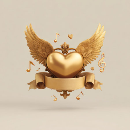 A golden heart with detailed wings, musical notes, and a ribbon are centered against a soft beige background. The artwork features a smooth, polished texture and warm tones, evoking a sense of elegance and celebration. This image could be suitable for various commercial or editorial applications related to love, music, or design.の素材