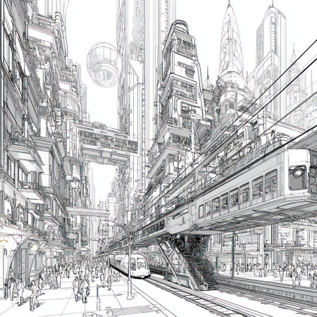 An intricate black and white illustration depicts a futuristic city with towering structures, an elevated train, and numerous pedestrians. The composition showcases a perspective view with detailed lines and shading. This architectural drawing suggests a metropolis setting with a blend of technological and urban elements, suitable for various editorial and design projects.の素材