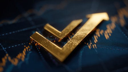 A golden arrow symbol rests atop a blurred financial chart in this macro image. The composition features a shallow depth of field, with the arrow in sharp focus. The overall aesthetic is one of financial success, using warm gold tones against a darker backdrop. The image could be used in various commercial or editorial projects related to finance.の素材