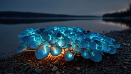 A close-up captures a cluster of luminous, blue-glowing mushrooms on a stony shoreline. The scene is bathed in soft, cool tones, with the water and sky reflecting the dim light of dusk. This otherworldly image could be used for various commercial or editorial purposes.の素材