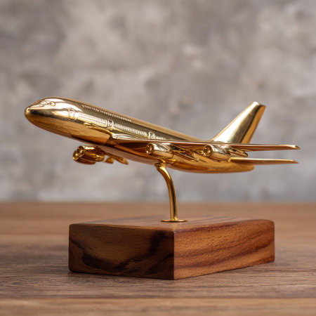 A shiny golden airplane model rests on a wooden block, showcasing intricate details. The object sits on a reflective wooden surface, with a blurred textured backdrop. The composition features strong lighting, highlighting the metallic texture. This image is suitable for promotional materials or editorial content related to travel or aviation.の素材