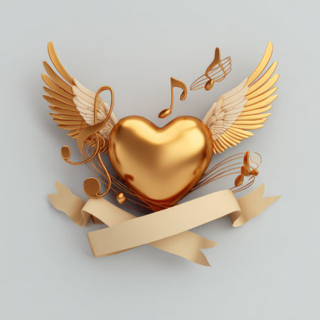 A golden heart with delicate wings and musical notes rests on a blank ribbon against a simple background. The image features soft lighting and a reflective metallic texture, creating a visually appealing design. This stylized composition is suitable for various commercial uses, including advertisements and artistic representations.の素材
