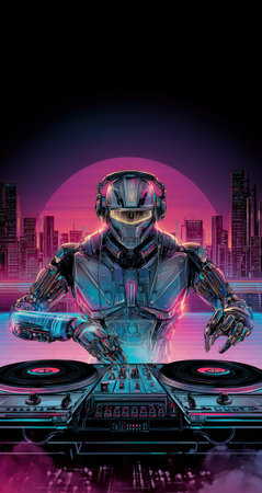 An illustration features a robot DJ at a music event. The robot, illuminated with blue and purple hues, stands before turntables. The background showcases a stylized city skyline under a gradient sky. The artwork's vibrant colors and composition make it suitable for various creative and promotional applications.の素材