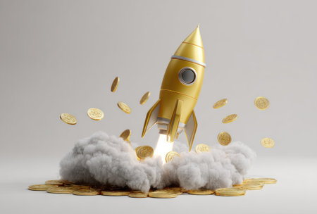A golden rocket takes off, leaving a trail of smoke and coins against a neutral backdrop. The composition features a 3D rendering with detailed textures and lighting. The image evokes a sense of financial progress and upward movement, suitable for various business or conceptual projects.の素材