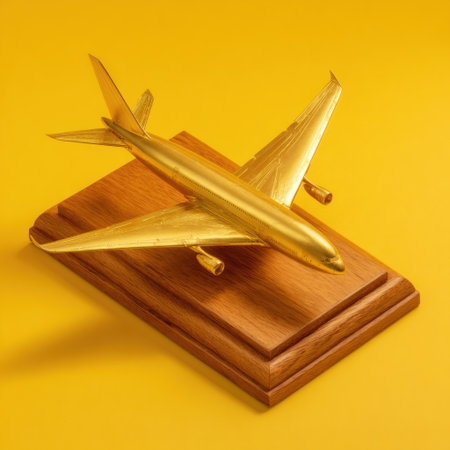 A golden airplane model rests on a wooden base against a vibrant yellow background. The composition features a detailed miniature aircraft with reflective surfaces and warm wood tones. This image could be suitable for aviation-related publications, design concepts, or illustrating travel and transport themes, potentially for commercial purposes.の素材
