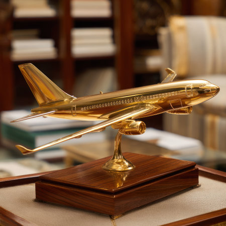 A close-up captures a golden airplane model displayed on a wooden base. The shiny, reflective surface of the plane contrasts with the brown wooden stand. The image is lit with soft lighting, suggesting an indoor environment. Suitable for conceptual illustrations, design projects, and decorative purposes.の素材