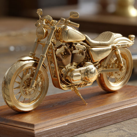 A golden motorcycle sculpture rests on a wooden base, showcasing intricate details. The artwork features reflective surfaces and a warm color palette. This finely crafted piece suggests a studio setting with soft lighting, and could be utilized in design, advertising, and editorial contexts.の素材
