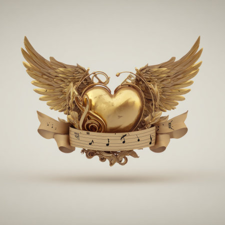 A golden heart shape is the central focus, adorned with musical notes and delicate wings. The artwork presents a stylized rendering with detailed textures and lighting. The neutral background emphasizes the primary subject. It is suitable for various commercial uses, including artistic, design, or decorative projects.の素材