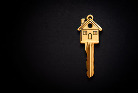 A close-up photograph displays a gold-colored key shaped like a house. It is set against a dark, solid background, highlighting the key's detailed design. The composition is simple, with the key centered, suggesting themes of security and property. The image is suitable for various commercial uses, including advertising and editorial content related to real estate.の素材