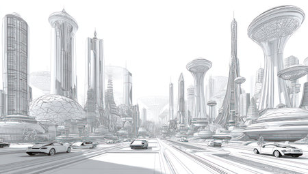 An illustration presents a futuristic city with towering skyscrapers and streamlined vehicles on a wide roadway. The monochromatic color scheme highlights the modern architecture and conveys a sense of technological advancement. Suitable for commercial applications, the image showcases a visionary urban environment with clean lines.の素材
