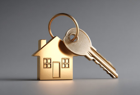 A close-up view displays a golden house-shaped key tag paired with a key. The key and tag are set against a smooth gray background. The lighting is soft, highlighting the metallic texture and form of the objects. It could be used in advertising, real estate, or concepts related to home ownership.の素材