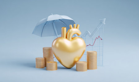 A golden heart is centrally featured beneath a blue umbrella. Stacks of coins are beside the heart, and a rising graph line is in the background. The scene has soft lighting and a minimalist design against a plain backdrop. This image suits various financial, health, and conceptual applications.の素材