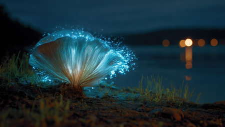 An illuminated mushroom with fiber optics is displayed near a body of water. The scene shows a low-angle perspective, with the focus on the vibrant blue glow of the mushroom. The lighting suggests a night setting with a dark backdrop and out-of-focus lights. This image could be used for various commercial and editorial purposes.の素材