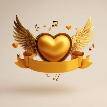 A golden heart with attached wings and musical notes is presented. The rendering features a 3D style with smooth textures and warm lighting. This visual can be suitable for designs related to love, music, or other thematic concepts. It may be used in various commercial or editorial applications.の素材