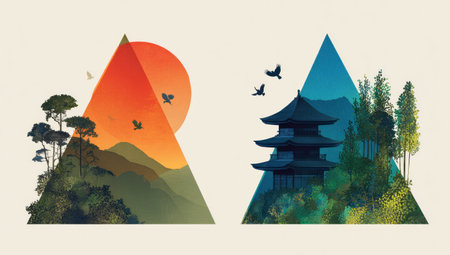 Two geometric landscape illustrations feature a stylized sun and a temple. The designs incorporate vibrant colors such as orange, blue, and green. The composition includes trees and birds, creating a serene and balanced aesthetic. Suitable for various design projects and commercial applications, the images provide visual appeal.の素材