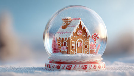 A festive gingerbread house is encased within a glass snow globe, surrounded by candy and snow. The scene features warm lighting and a soft focus, emphasizing the intricate details. This imagery may be used to represent winter holidays for commercial purposes or to evoke feelings of celebration.の素材