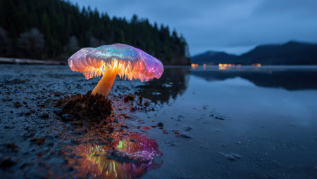An illuminated mushroom with a colorful cap grows near water. Its stem is earthy, with light reflecting in the water. The surrounding environment includes distant trees, suggesting an outdoor setting at dusk or night. The image may be suitable for artistic, illustrative, or conceptual purposes.の素材