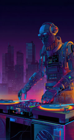 An animated robot figure is shown mixing music on turntables against a backdrop of a colorful city skyline. The scene features vivid neon colors with purple and blue hues, creating a digital and technological atmosphere. This image might be suitable for editorial content related to music, technology, or entertainment themes.の素材