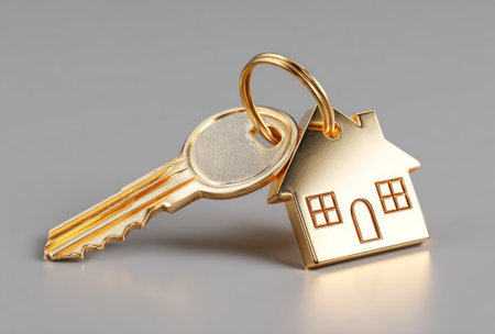 A close-up captures a golden key and a house-shaped tag resting on a neutral gray surface. The metallic objects exhibit a shiny texture under focused lighting. The composition suggests a conceptual representation, ideal for illustrating themes related to property, ownership, or investment. This image is suitable for various commercial uses.の素材