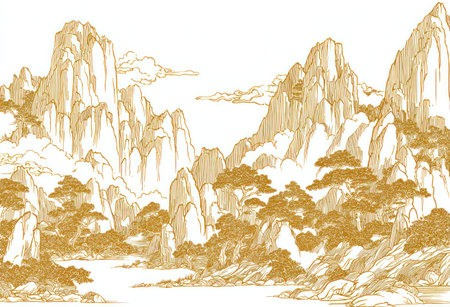 A detailed illustration showcases a mountain landscape with a golden color palette. The artwork displays textured mountains, stylized trees, and soft clouds. This artistic composition, possibly a vector, evokes a sense of tranquility. It might be suited for design elements, editorial layouts, or creative projects, offering a decorative appeal.の素材